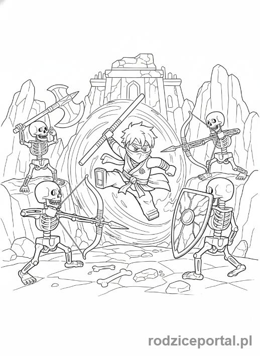 Kolorowanka Lego Ninjago - Lloyd walczący ze szkieletami armii Garmadona, dynamiczna scena akcji