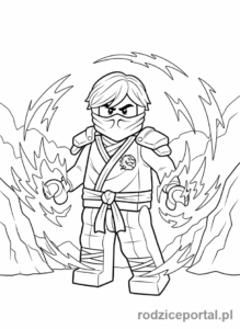 Kolorowanka Lego Ninjago - Lloyd, zielony ninja, w pozie pokazującej jego moc.