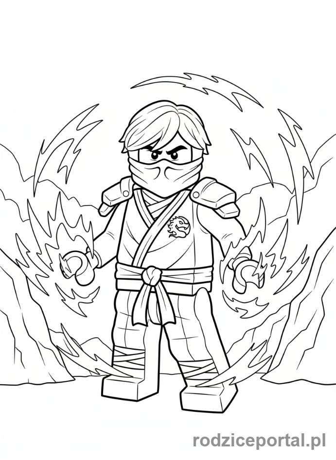 Kolorowanka Lego Ninjago - Lloyd, zielony ninja, w pozie pokazującej jego moc.