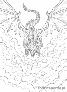 Kolorowanka Lego Ninjago - Lodowy Smok Zane'a, majestatyczny i potężny, szybujący w chmurach, widok z góry