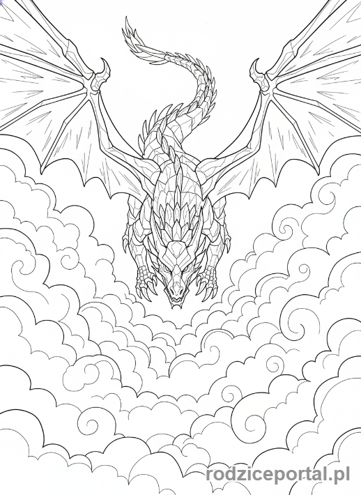 Kolorowanka Lego Ninjago - Lodowy Smok Zane'a, majestatyczny i potężny, szybujący w chmurach, widok z góry