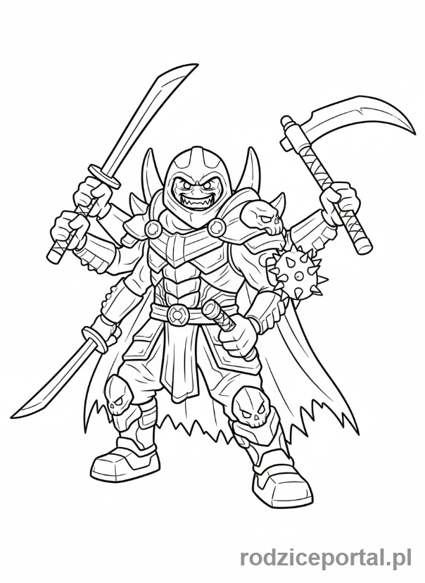 Kolorowanka Lego Ninjago - Lord Garmadon z czterema ramionami, zły uśmiech, cała sylwetka, gotowy do walki