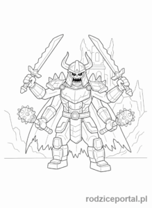 Kolorowanka Lego Ninjago - Lord Garmadon, z czterema rękami, złowrogi.