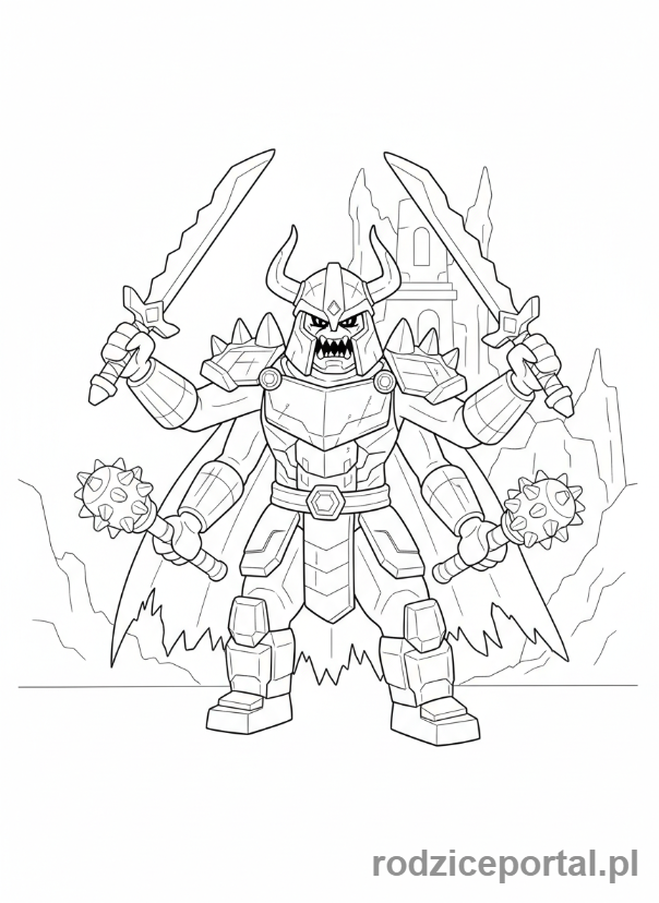 Kolorowanka Lego Ninjago - Lord Garmadon, z czterema rękami, złowrogi.