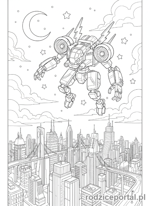 Kolorowanka Lego Ninjago - Mech Błyskawic Jaya, latający nad miastem Ninjago nocą, widok z lotu ptaka