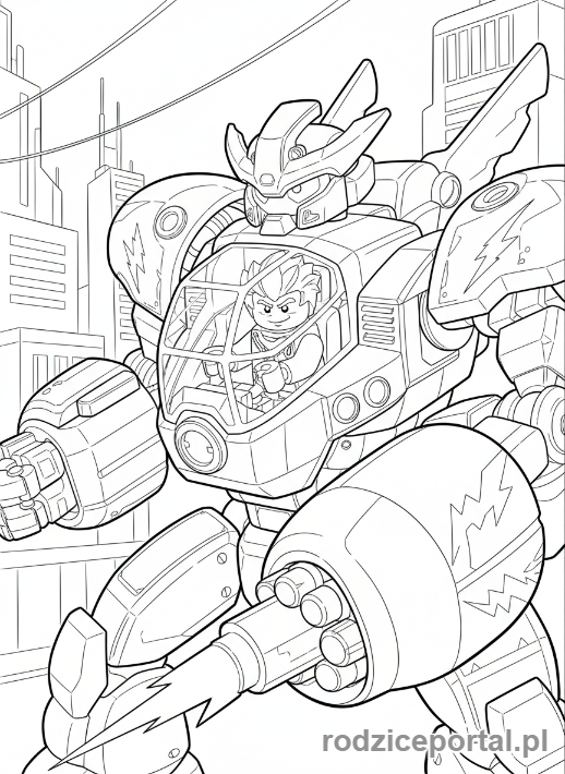 Kolorowanka Lego Ninjago - Mech Błyskawic Jaya w dynamicznej pozie, gotowy do strzału, zbliżenie na kokpit