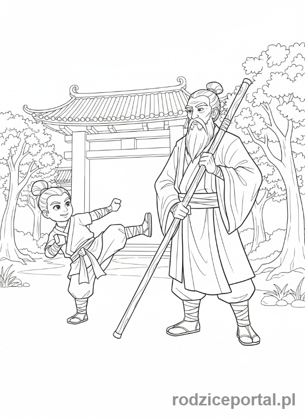Kolorowanka Lego Ninjago - Mistrz Wu i jego młodsza wersja, scena wspomnień, dwóch Wu w różnych pozach
