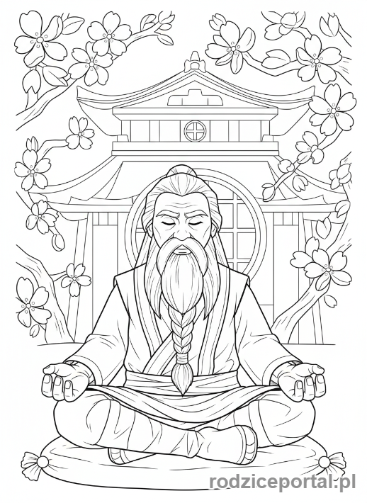 Kolorowanka Lego Ninjago - Mistrz Wu medytujący w klasztorze Spinjitzu, spokojna scena, zbliżenie