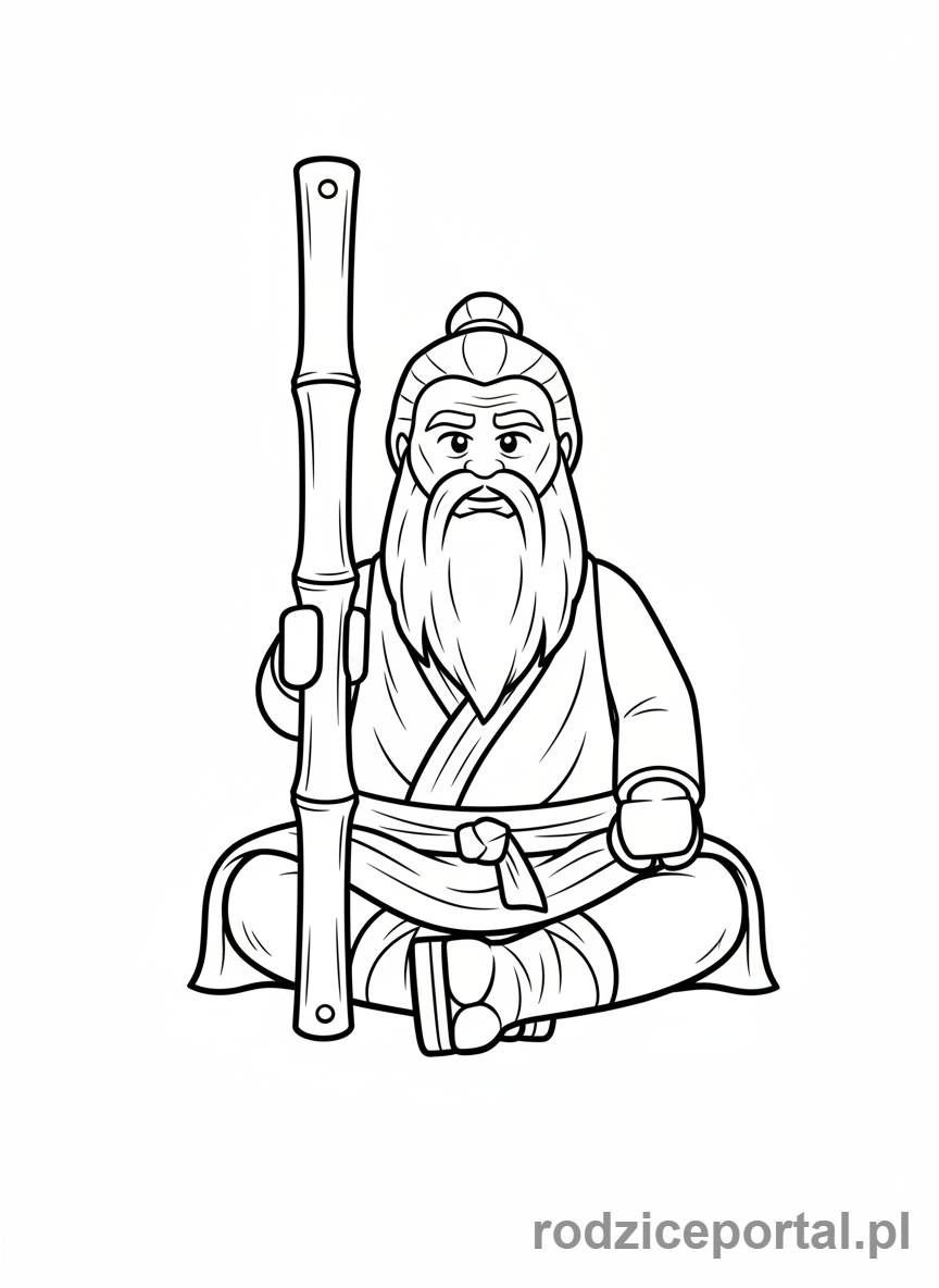Kolorowanka Lego Ninjago - Mistrz Wu, medytujący z laską bambusową.