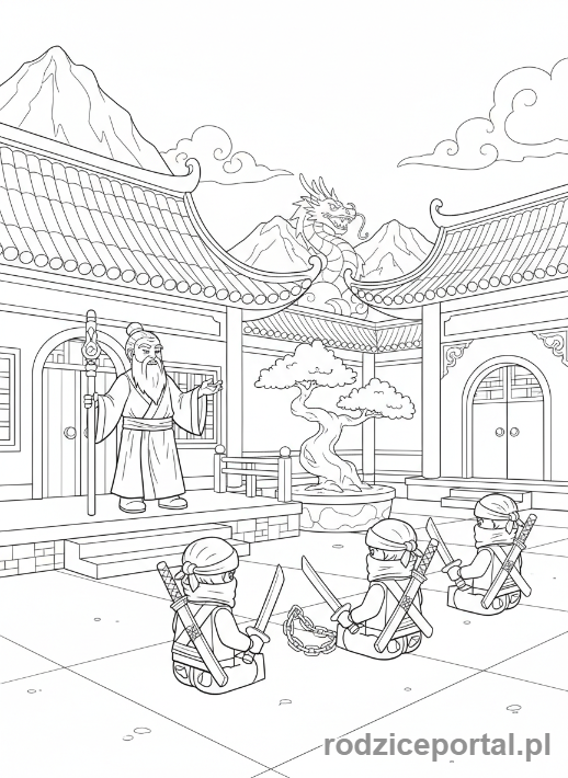 Kolorowanka Lego Ninjago - Mistrz Wu uczący młodych ninja w Klasztorze Spinjitzu, scena nauki i mądrości
