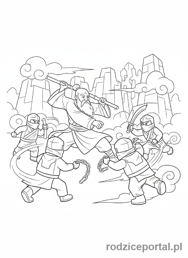 Kolorowanka Lego Ninjago - Mistrz Wu walczący z przeciwnikami, używający bambusowej laski, dynamiczny kadr