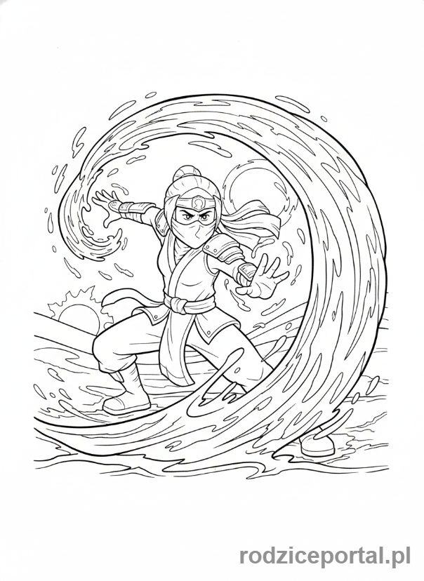 Kolorowanka Lego Ninjago - Nya kontrolująca wodę, tworząca falę.