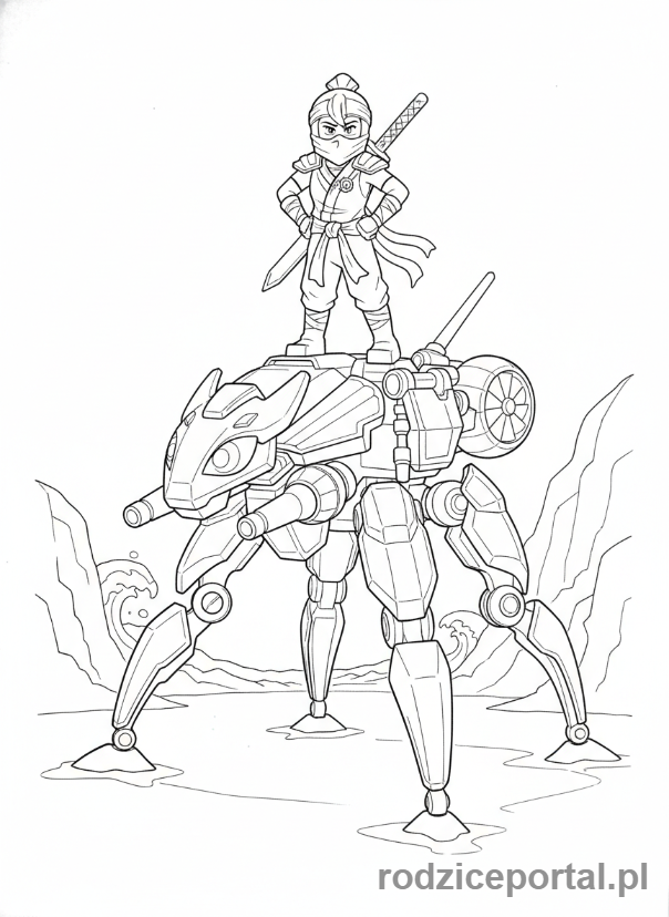 Kolorowanka Lego Ninjago - Nya na swoim mechacie Wodnego Żyrafa, stojąca pewnie, cała sylwetka