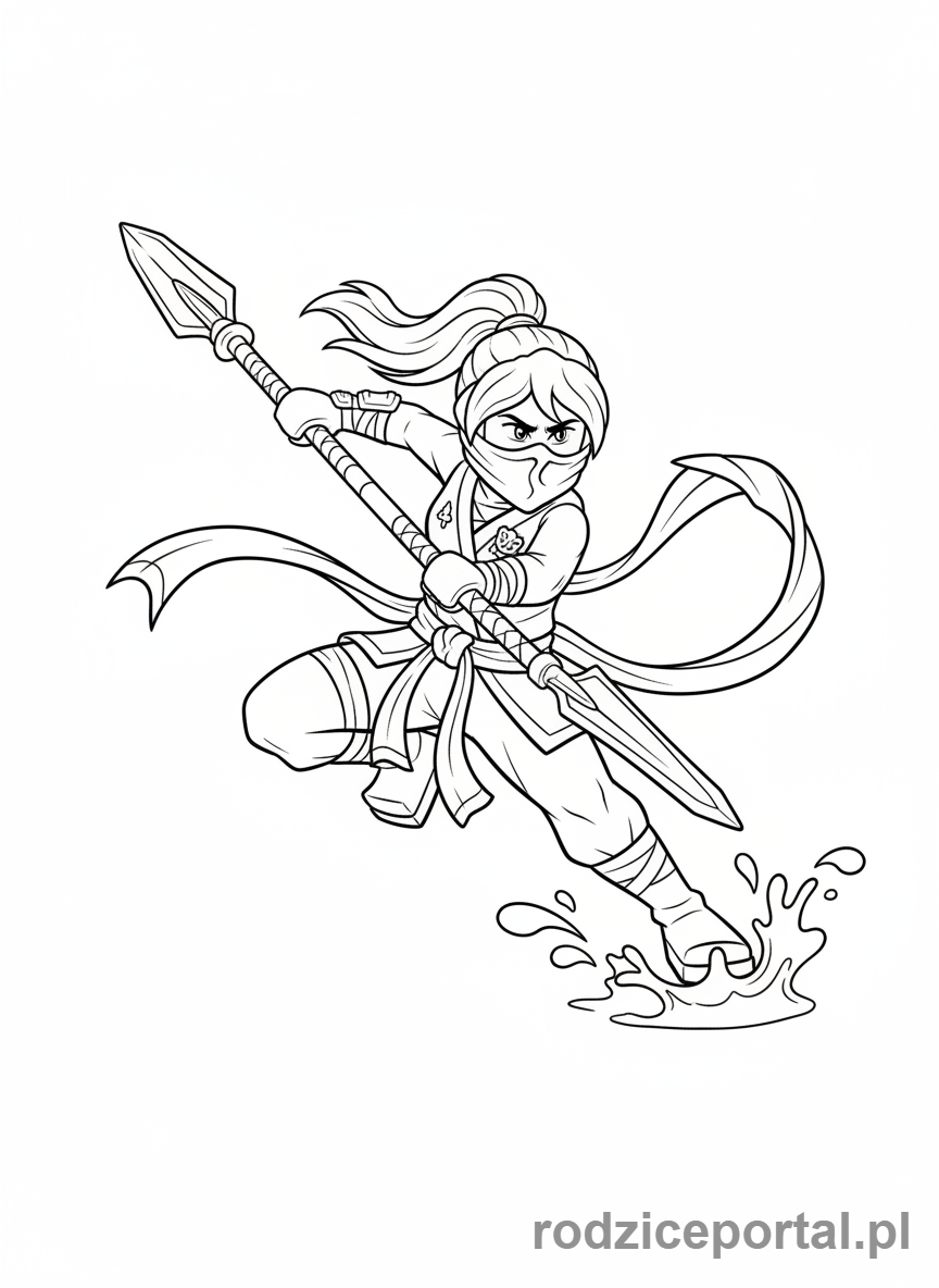 Kolorowanka Lego Ninjago - Nya, ninja wody, z włócznią, w płynnej pozie.