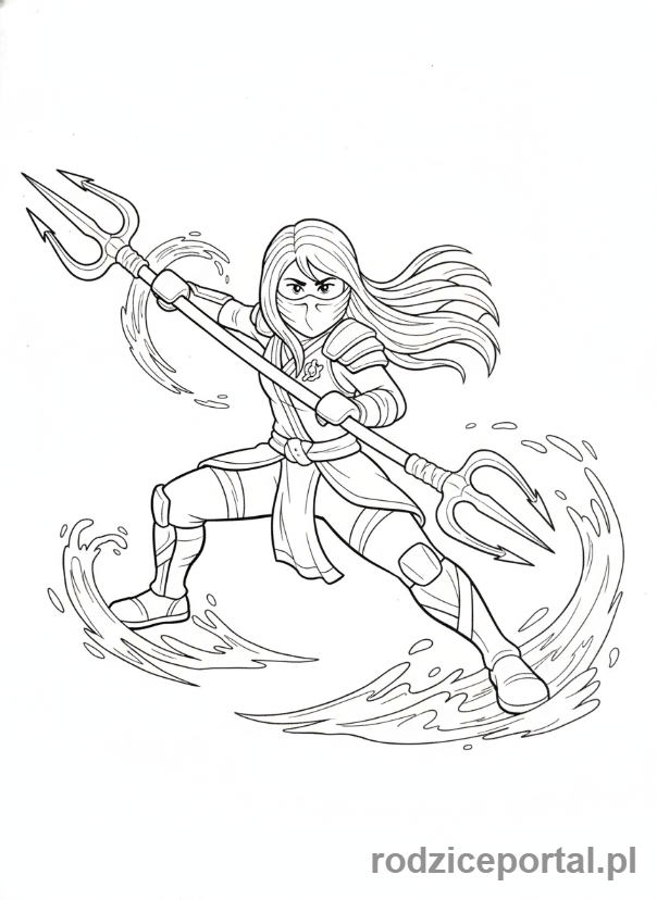 Kolorowanka Lego Ninjago - Nya, Ninja Wody, ze swoim trójzębem, w płynnej pozie bojowej