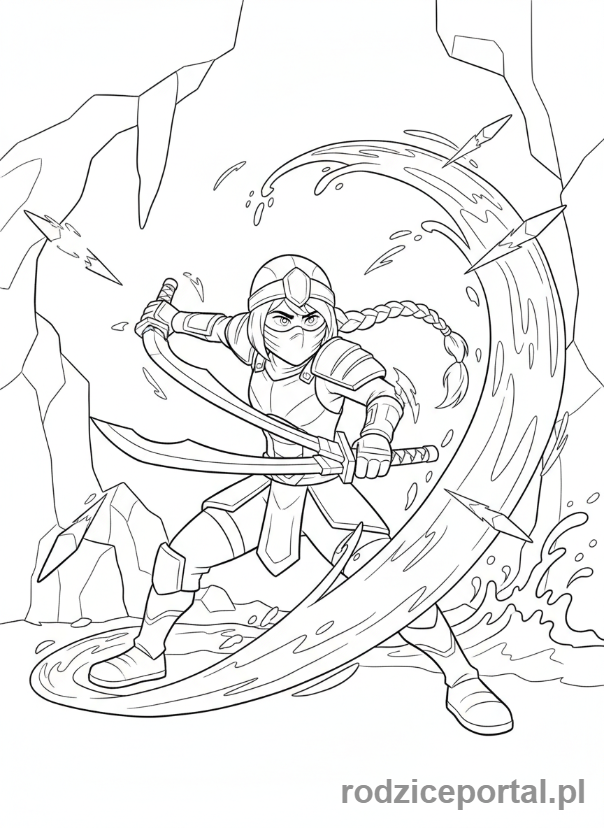 Kolorowanka Lego Ninjago - Nya z mieczami, odbijająca pociski wodą, dynamiczna scena obrony