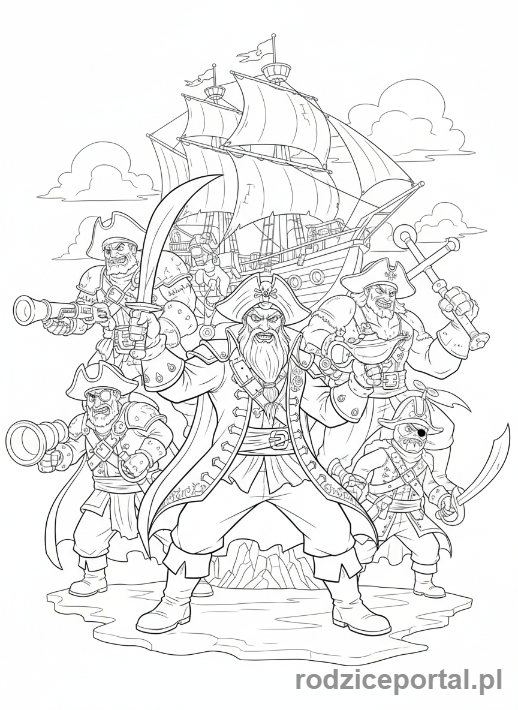 Kolorowanka Lego Ninjago - Piraci Podniebnej Floty (Nadakhan i jego załoga), w groźnej pozie, grupa złoczyńców