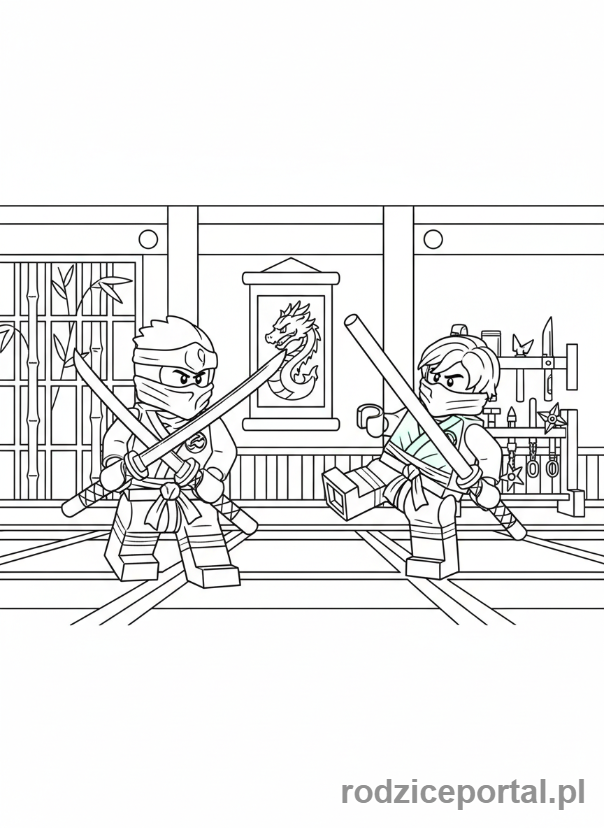 Kolorowanka Lego Ninjago - Scena treningu ninja w dojo, z Kaiem i Lloydem.