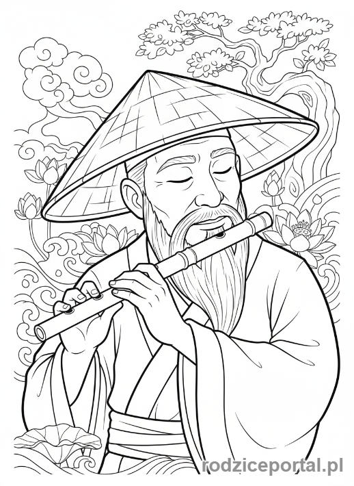 Kolorowanka Lego Ninjago - Sensei Wu grający na flecie, otoczony spokojem, zbliżenie na twarz