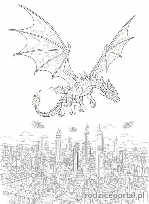 Kolorowanka Lego Ninjago - Smok Ognia Kaia, majestatycznie lecący nad miastem Ninjago, szeroki kadr