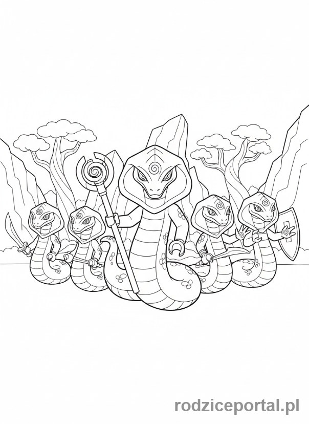 Kolorowanka Lego Ninjago - Szlachta Wężonów, Hypnobrai, w grupowej pozie, gotowi do hipnozy