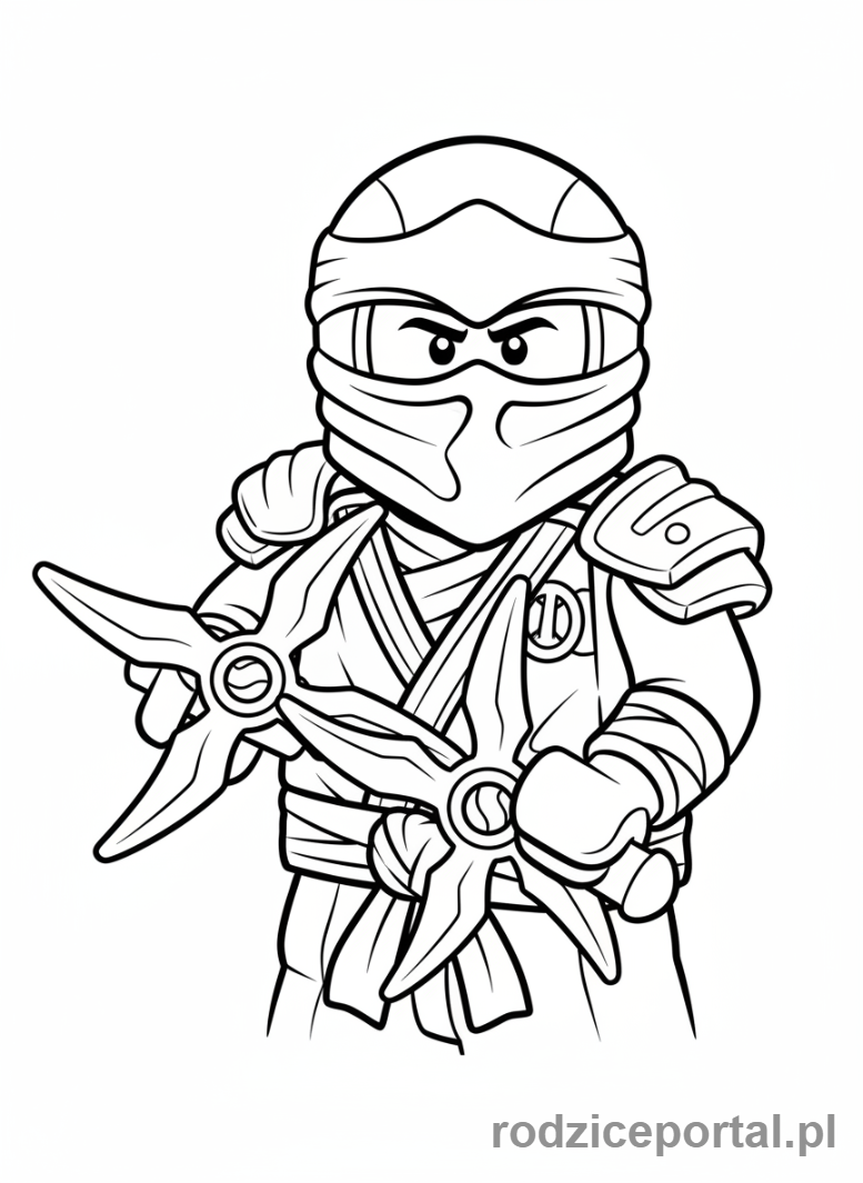 Kolorowanka Lego Ninjago - Zane, biały ninja lodu, gotowy do walki z shurikenami.