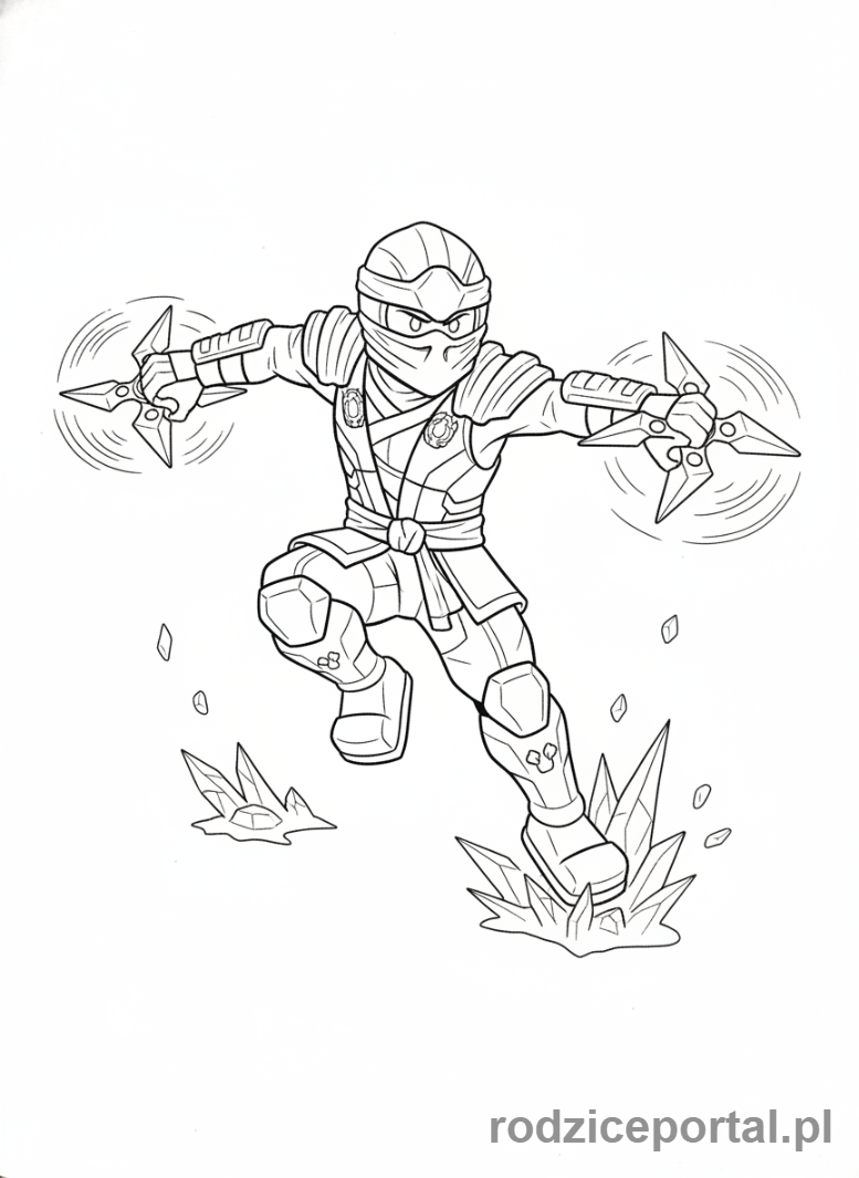 Kolorowanka Lego Ninjago - Zane, Biały Ninja Lodu i Nindroid, z shurikenami w akcji, cała sylwetka