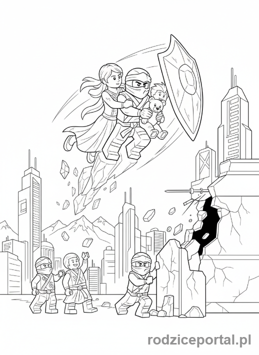 Kolorowanka Lego Ninjago - Zane ratujący obywateli Ninjago, scena heroizmu, dynamiczny ratunek