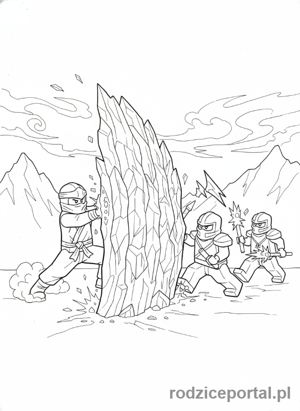 Kolorowanka Lego Ninjago - Zane tworzący lodową ścianę, aby zablokować wrogów, obronna akcja