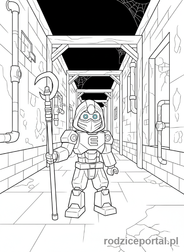 Kolorowanka Lego Ninjago - Zane w przebraniu Echo Zanea, stojący samotnie w ciemnym korytarzu, tajemnicza atmosfera