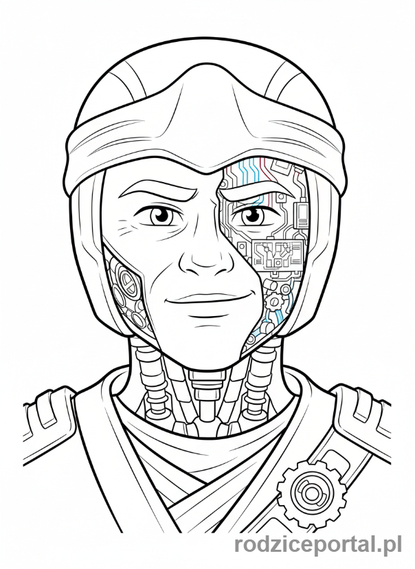Kolorowanka Lego Ninjago - Zane z odpiętą maską, pokazujący ludzką twarz i elektroniczne elementy, zbliżenie