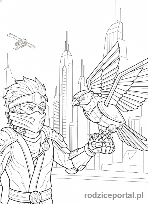 Kolorowanka Lego Ninjago - Zane z ptakiem Falkonem, scena przyjaźni i technologii, zbliżenie