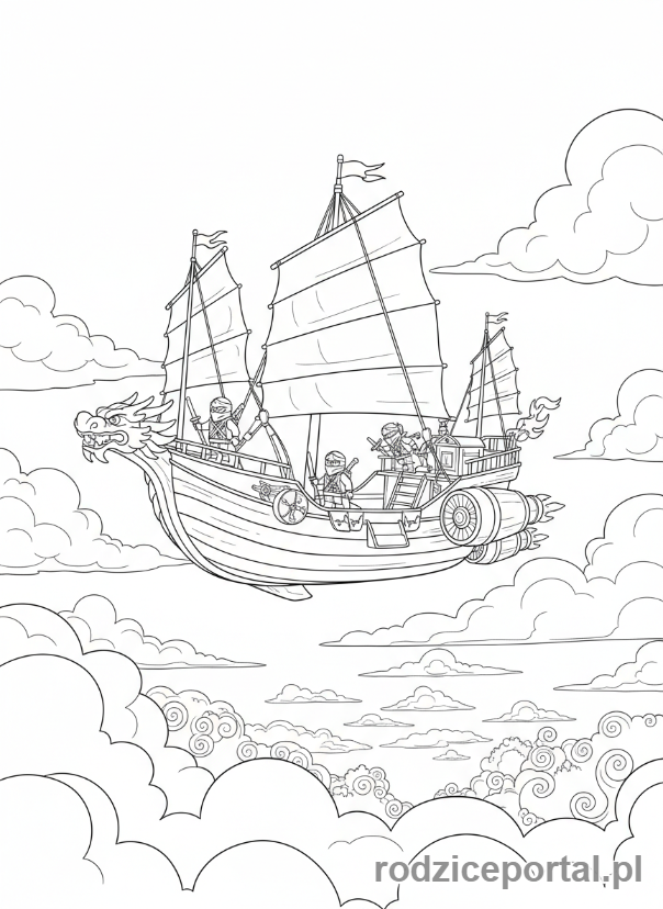 Kolorowanka Lego Ninjago - Zespół ninja na swoim statku 'Przeznaczenia', lecącym nad chmurami, szeroki kadr, ikoniczny widok