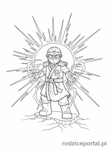 Kolorowanka Lego Ninjago - Złoty Ninja Lloyd, w pełnej mocy, emanujący energią, epicka scena