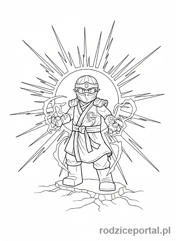 Kolorowanka Lego Ninjago - Złoty Ninja Lloyd, w pełnej mocy, emanujący energią, epicka scena