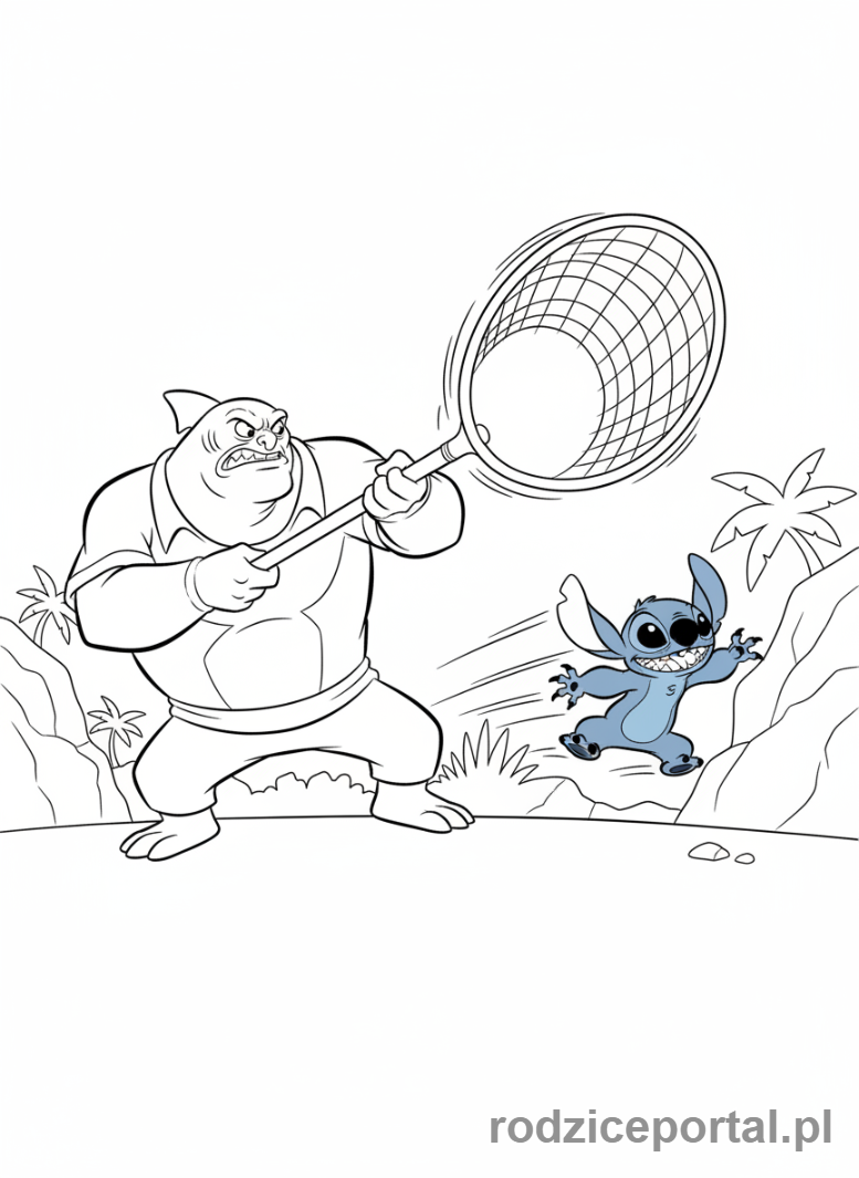Kolorowanka Lilo I Stich - Gantu próbujący schwytać Sticha siatką