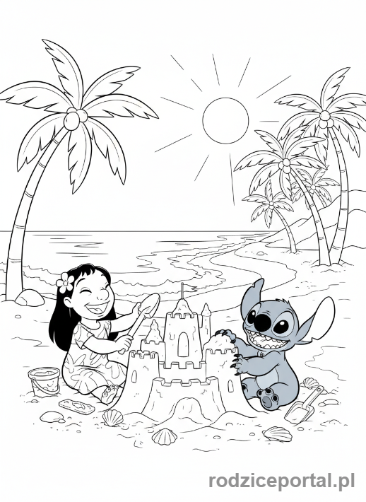 Kolorowanka Lilo I Stich - Lilo i Stich bawiący się na plaży