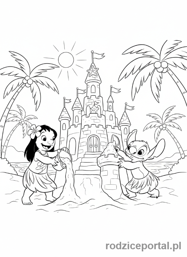 Kolorowanka Lilo I Stich - Lilo i Stich budujący zamek z piasku
