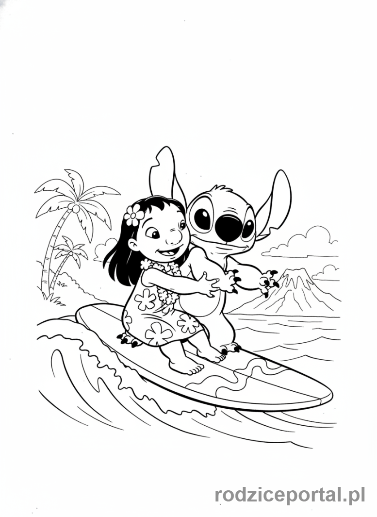 Kolorowanka Lilo I Stich - Lilo i Stich jadący na fali