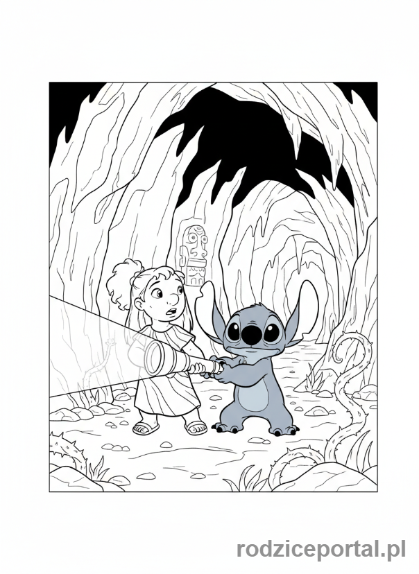 Kolorowanka Lilo I Stich - Lilo i Stich odkrywający jaskinię