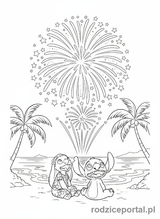 Kolorowanka Lilo I Stich - Lilo i Stich oglądający fajerwerki