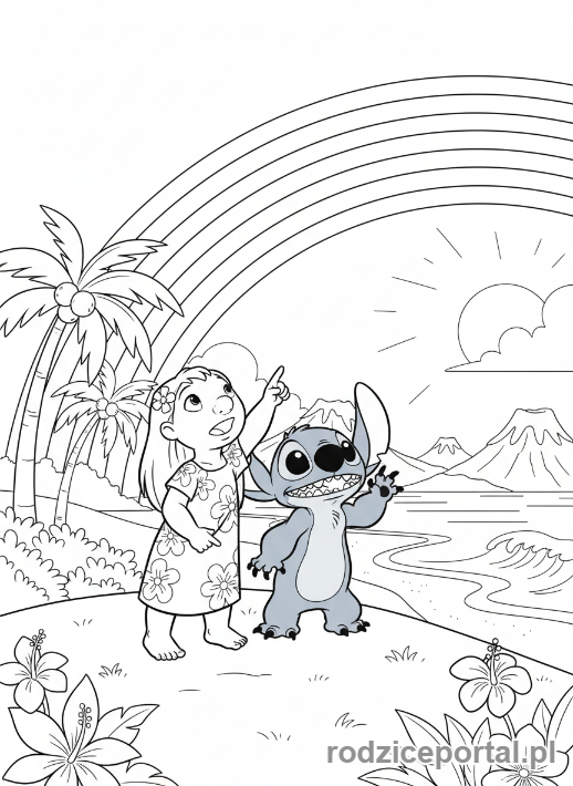 Kolorowanka Lilo I Stich - Lilo i Stich oglądający tęczę