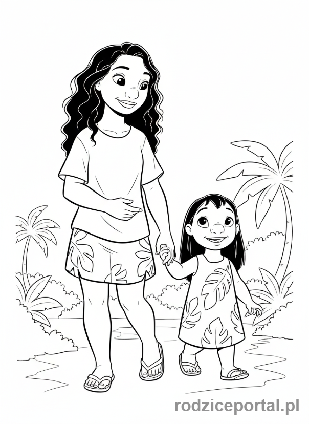 Kolorowanka Lilo I Stich - Nani trzymająca Lilo za rękę