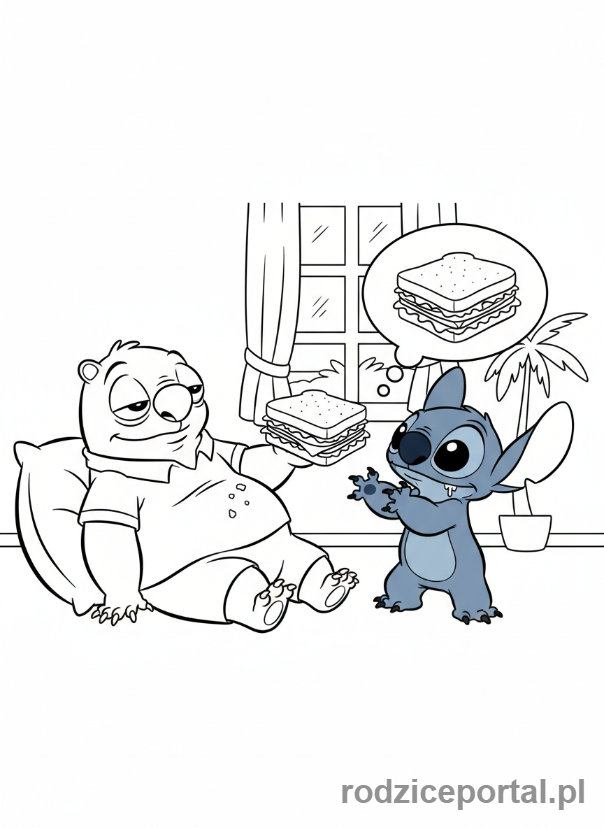 Kolorowanka Lilo I Stich - Reuben oferujący Stichowi kanapkę