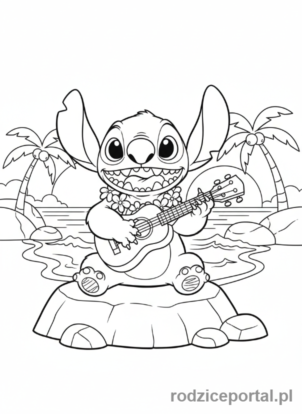 Kolorowanka Lilo I Stich - Stich grający na ukulele, cała sylwetka