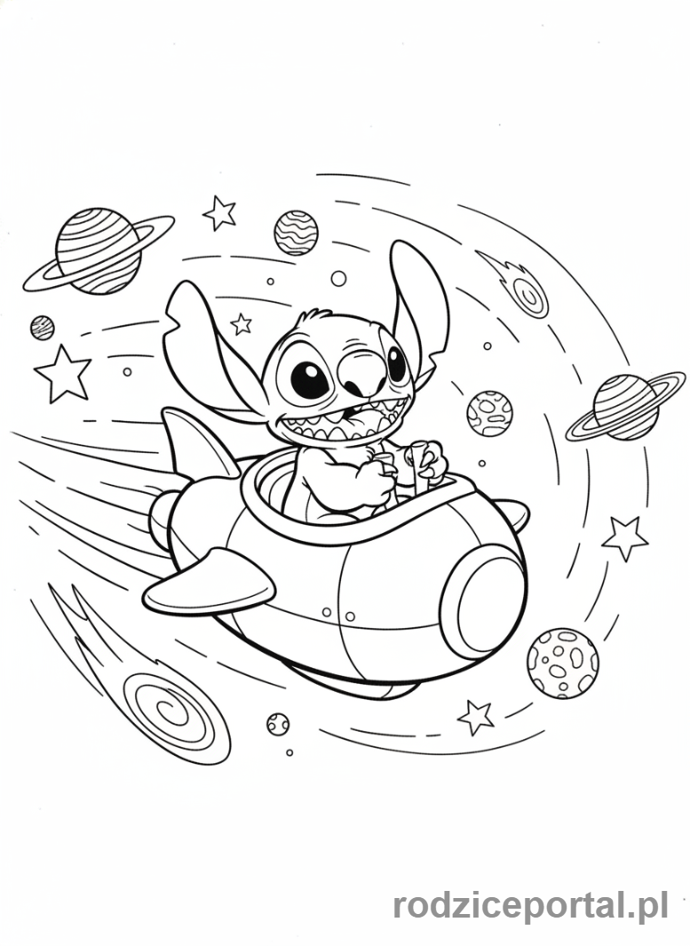 Kolorowanka Lilo I Stich - Stich latający statkiem kosmicznym