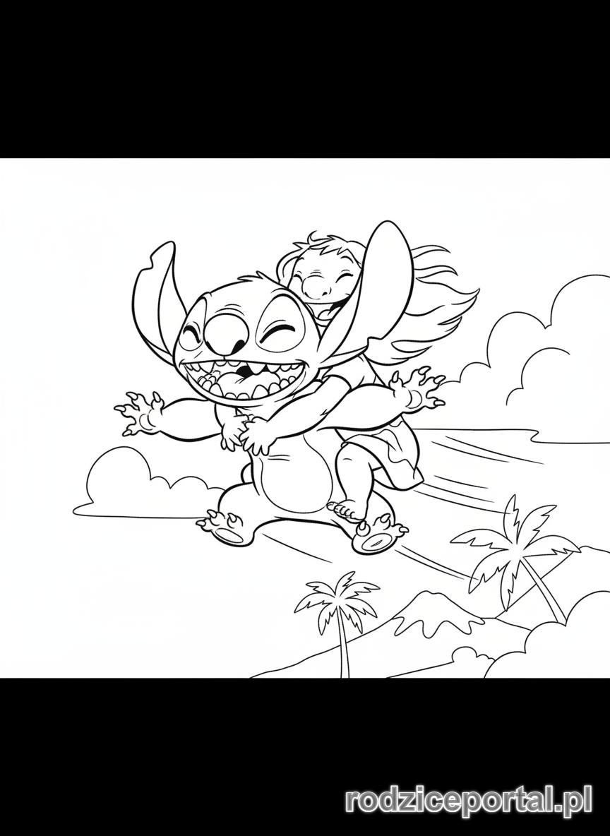 Kolorowanka Lilo I Stich - Stich latający z Lilo na plecach