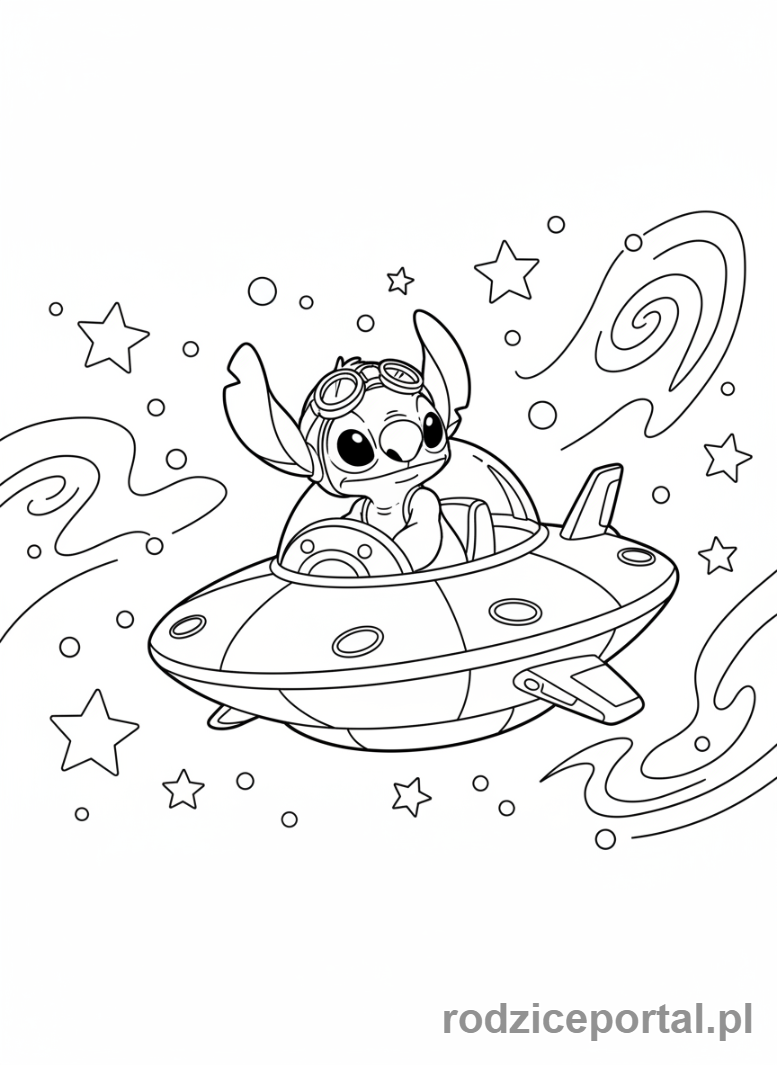 Kolorowanka Lilo I Stich - Stich lecący w swoim statku kosmicznym