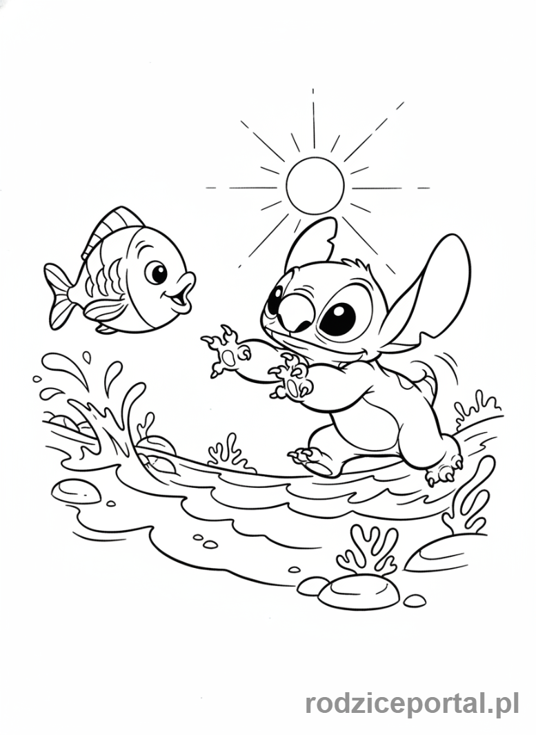 Kolorowanka Lilo I Stich - Stich próbujący złapać rybę