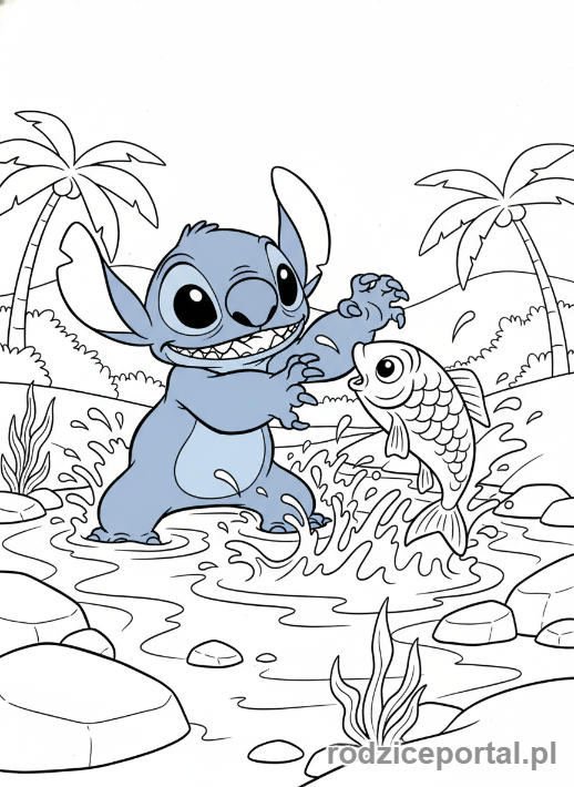 Kolorowanka Lilo I Stich - Stich próbujący złapać rybę